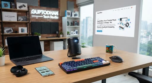 Modern electronic gadgets, portable smart LED projector and wireless mechanical keyboards displayed in a bright modern Dhaka tech studio, high resolution ecommerce photography.