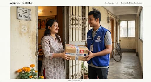 Smiling Bangladeshi delivery hero in branded royal blue vest handing a securely packaged SellersPoints parcel to a happy customer at an urban apartment doorway in Dhanmondi Dhaka.