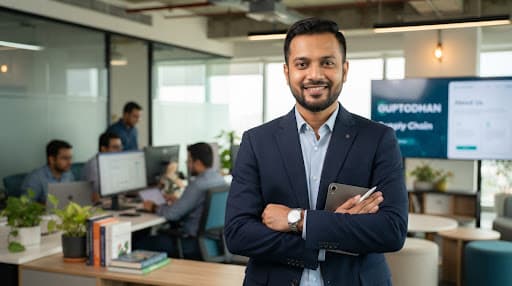 Professional portrait of a Bangladeshi supply chain operations manager in modern tech office wearing navy blazer, confident and approachable, soft studio lighting.
