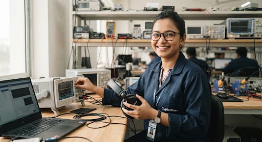 Portrait of a female Bangladeshi quality engineer testing audio electronics in a tech inspection lab, wearing glasses and warm smile.