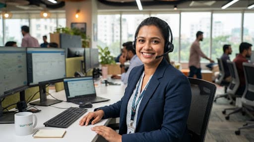 Portrait of an energetic customer experience lead with headset smiling warmly in a modern Dhaka customer service center.